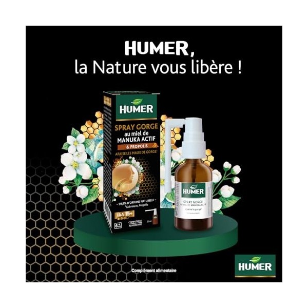 Humer - Spray gorge Manuka 15+ - Apaise la gorge - A base de Miel de Manuka 15+, de Propolis et de Guimauve - 4 pulvérisation