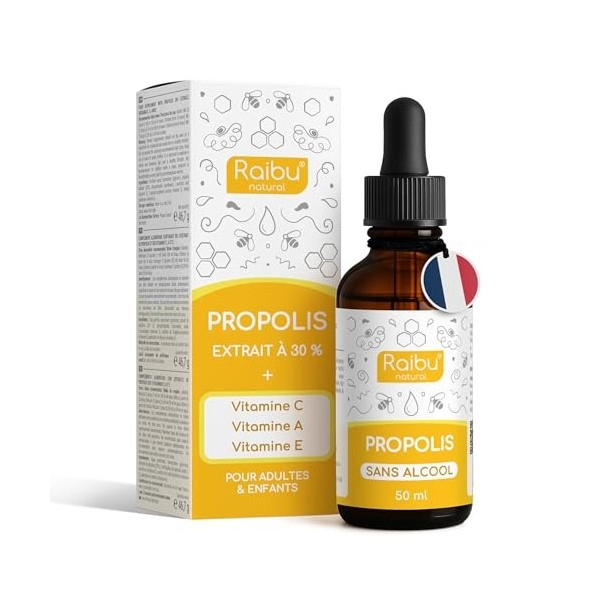 Propolis Pure Liquide avec Vitamines C, A, E, 50 ml - Soutien Immunité & Gorge - Extrait de Propolis Concentré 30 % Sans Alco