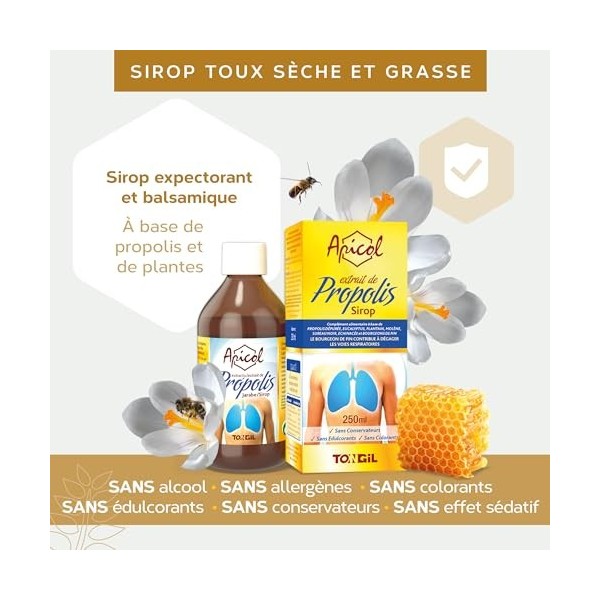 Sirop Toux Sèche Grasse Propolis & Pin | Soutien Respiratoire | sans Édulcorants | Apicol 250 ML