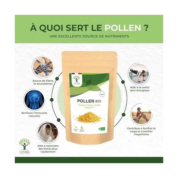BIOPTIMAL - Pollen Bio - Superaliment - Immunité Vitalité Énergie - 100% Pollen de fleurs Pur - Qualité Premium - Conditionné...
