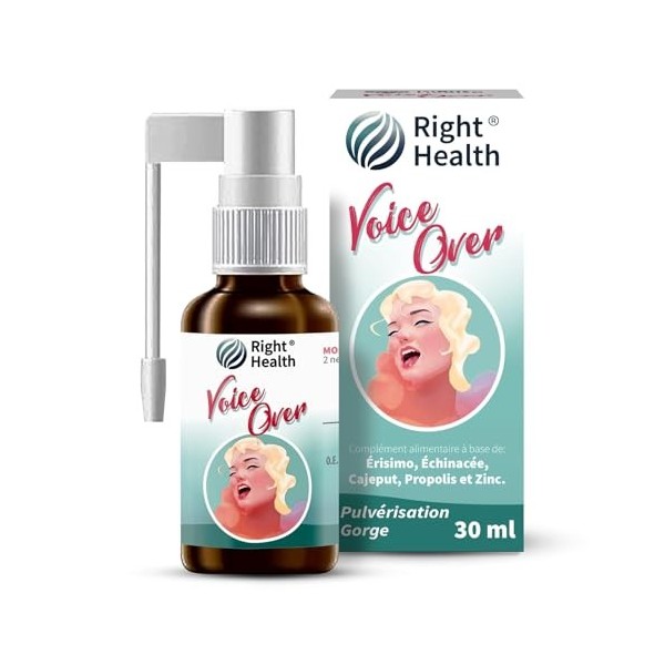 VOICE OVER: Spray Voix 30 ml. Spray Gorge avec Erysimum Herbe aux chantres , Echinacea, Propolis, et Cajeput. Pour le bien-ê