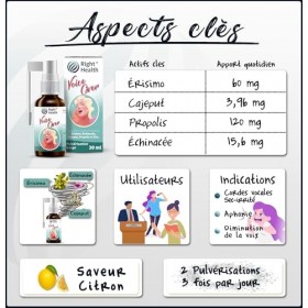 VOICE OVER: Spray Voix 30 ml. Spray Gorge avec Erysimum Herbe aux chantres , Echinacea, Propolis, et Cajeput. Pour le bien-ê