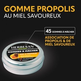 HERBESAN®- GOMMES MIEL & PROPOLIS - Confort de la gorge - Fabrication française - Boîte métal - 45 gommes à mâcher Propolis