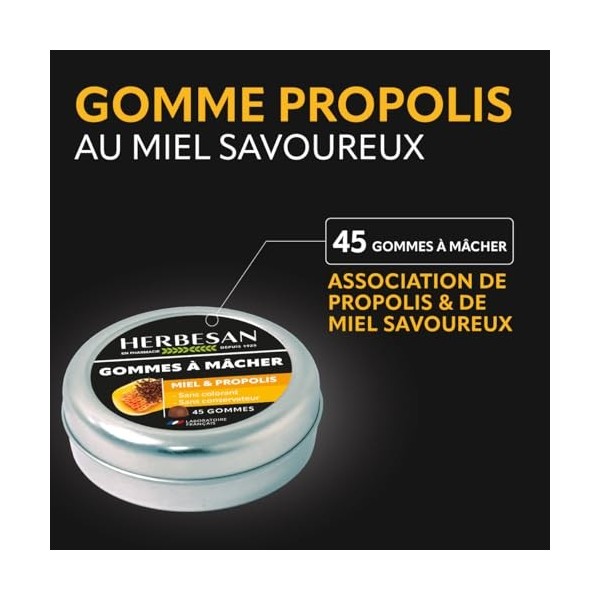 HERBESAN®- GOMMES MIEL & PROPOLIS - Confort de la gorge - Fabrication française - Boîte métal - 45 gommes à mâcher Propolis