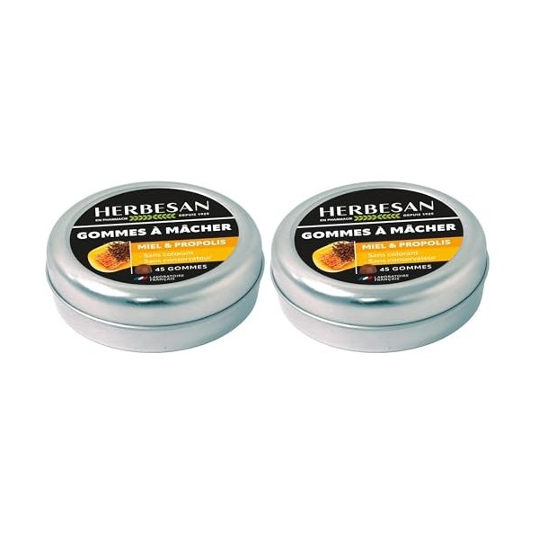 HERBESAN®- GOMMES MIEL & PROPOLIS - Confort de la gorge - Fabrication française - Boîte métal - 45 gommes à mâcher Propolis