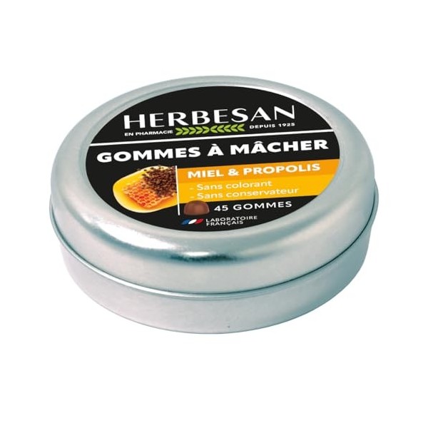 HERBESAN®- GOMMES MIEL & PROPOLIS - Confort de la gorge - Fabrication française - Boîte métal - 45 gommes à mâcher Propolis