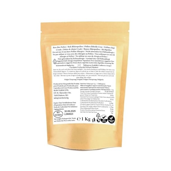 Raw Farm - Granulés de pollen dabeille brut - 100% naturel - non transformé 1 kg