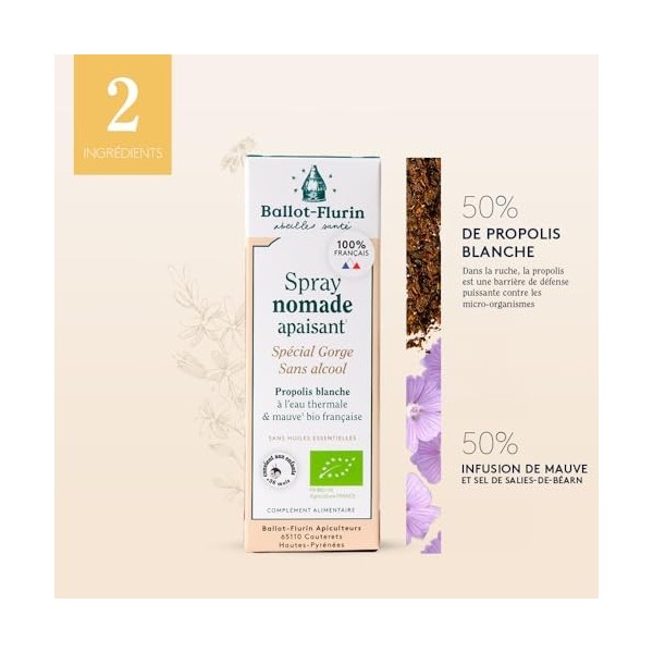 Ballot-Flurin - Spray Nomade Apaisant - Sans Alcool - À la Propolis Blanche - 15 ml - Ingrédients 100% Français biologique Pr...