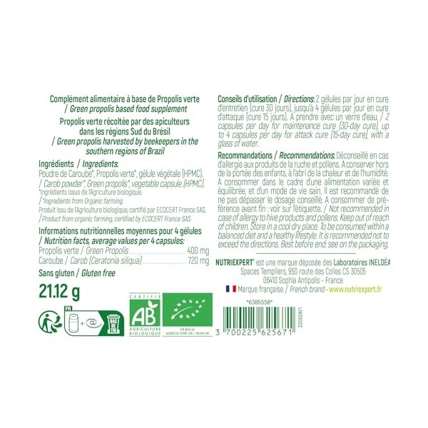 NUTRI EXPERT- Propolis Verte Bio 60 gélules - Renforce les défenses naturelles - Extrait de Baccharis et poudre de Caroube - 