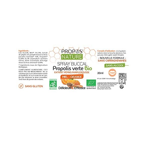 Spray Propolis Verte Bio - Extrait de Pépins de Pamplemousse, Miel et Orange - Sans Alcool - 20 ml - ProposNature - 100% nat ...