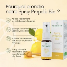 Spray Propolis Bio | 20 ml | Apaise la Gorge | Extrait de Propolis Large Spectre concentré en Polyphénols et Enrichi en Miel 