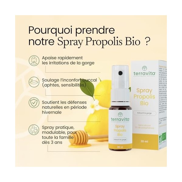 Spray Propolis Bio | 20 ml | Apaise la Gorge | Extrait de Propolis Large Spectre concentré en Polyphénols et Enrichi en Miel 