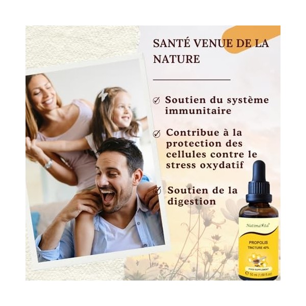 Teinture mère de Propolis 40% – 50 ml – Pure à forte dose de propolis gouttes – 100% naturel - Extrait de propolis - NatimaVi...
