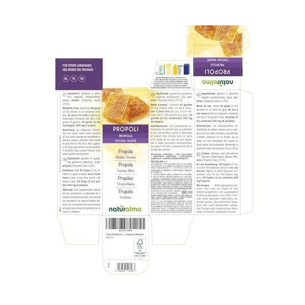 Propolis Propolis résine Teinture Mère sans alcool Naturalma - Extrait liquide gouttes 60 ml - Complément alimentaire Propolis