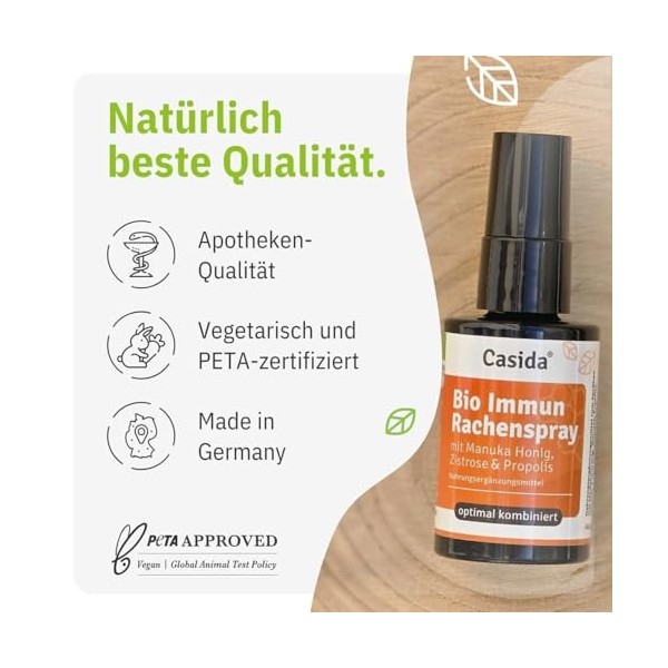 Casida Bio Immun Spray pour la gorge à la propolis avec miel de Manuka, ciste et vitamine C, spray avec véritable miel de man