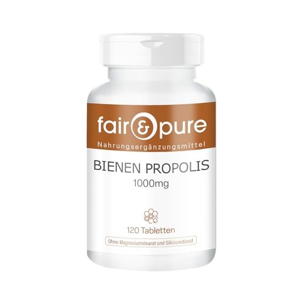 Comprimés de propolis dabeille Fair & Pure 1000 mg, 120 comprimés, complément alimentaire végétalien sans additifs, fabriqué