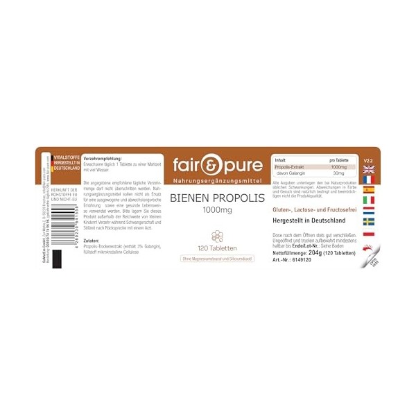 Comprimés de propolis dabeille Fair & Pure 1000 mg, 120 comprimés, complément alimentaire végétalien sans additifs, fabriqué