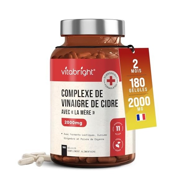 Vinaigre de Cidre de Pomme VitaBright | 2000 mg par Dose | 180 Gélules Véganes | Apple Cider Vinegar avec la Mère, Non Filtré