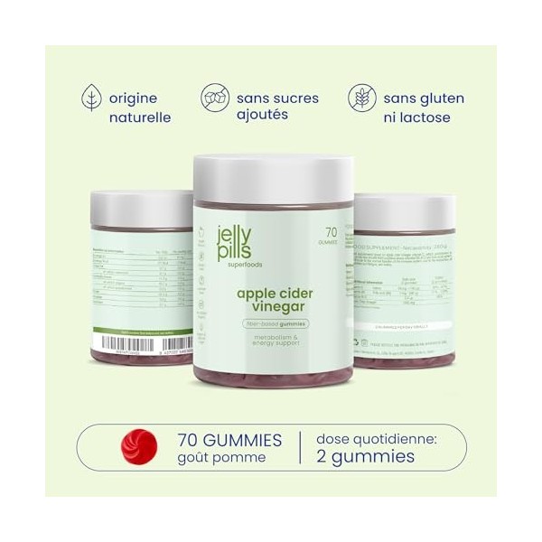 Jelly Pills Gummies Vinaigre de Cidre 1 000 mg + Chrome - 70 Gommes Végétaliennes - Sans Sucres Ajoutés - Saveur Pomme Nature