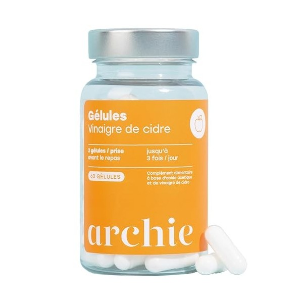 Archie, Gélules Vinaigre de Cidre Biologique, avec Acide Acétique - Naturel, vegan, sans gluten, sans sucre. Cure de 1 mois.