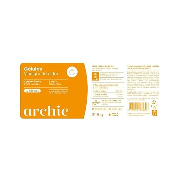 Archie, Gélules Vinaigre de Cidre Biologique, avec Acide Acétique - Naturel, vegan, sans gluten, sans sucre. Cure de 1 mois.