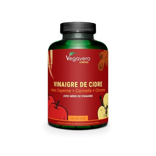 Complexe Vinaigre de Cidre 1950mg | 240 Gélules | Avec Chrome, Cannelle, Gingembre et Piment de Cayenne | Glycémie + Keto | S...