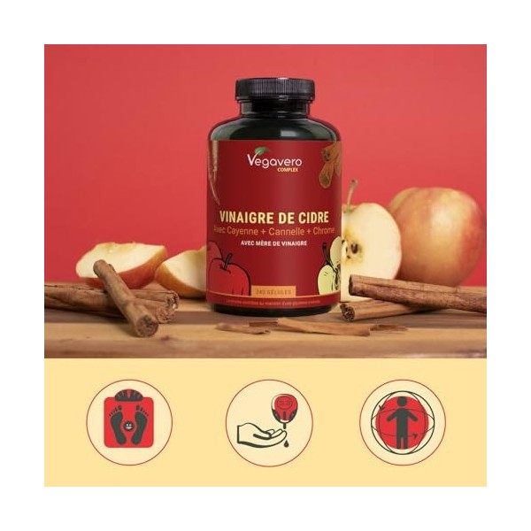 Complexe Vinaigre de Cidre 1950mg | 240 Gélules | Avec Chrome, Cannelle, Gingembre et Piment de Cayenne | Glycémie + Keto | S...