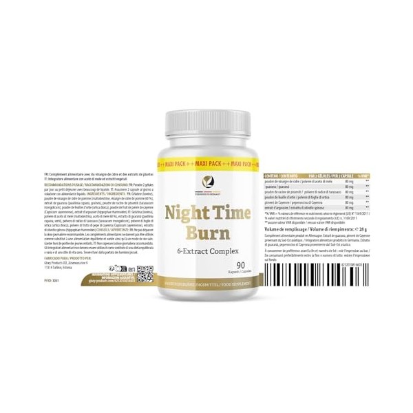 Night Time Burn Capsules | Pour les personnes soucieuses de leur santé | Facile à utiliser | 90 capsules.