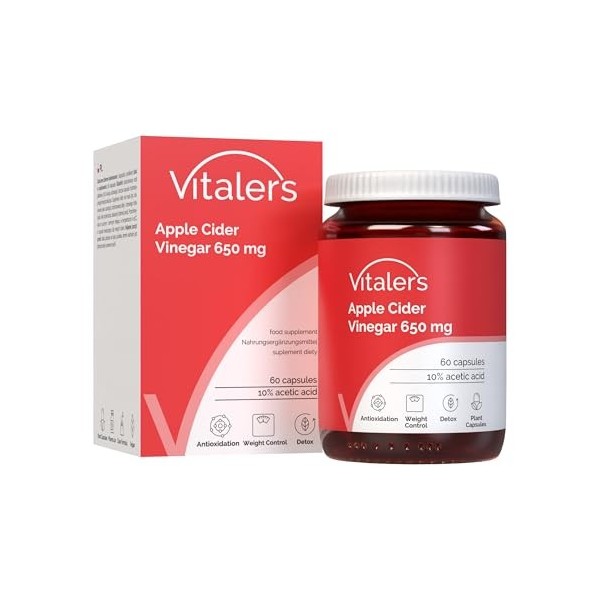 Vitaler’s Vinaigre de Cidre 650 mg – 60 gélules, Cure 2 Mois, Vegan, Sans Conservateurs, Composition Pure