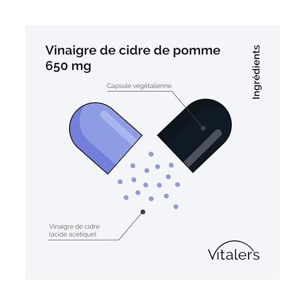 Vitaler’s Vinaigre de Cidre 650 mg – 60 gélules, Cure 2 Mois, Vegan, Sans Conservateurs, Composition Pure