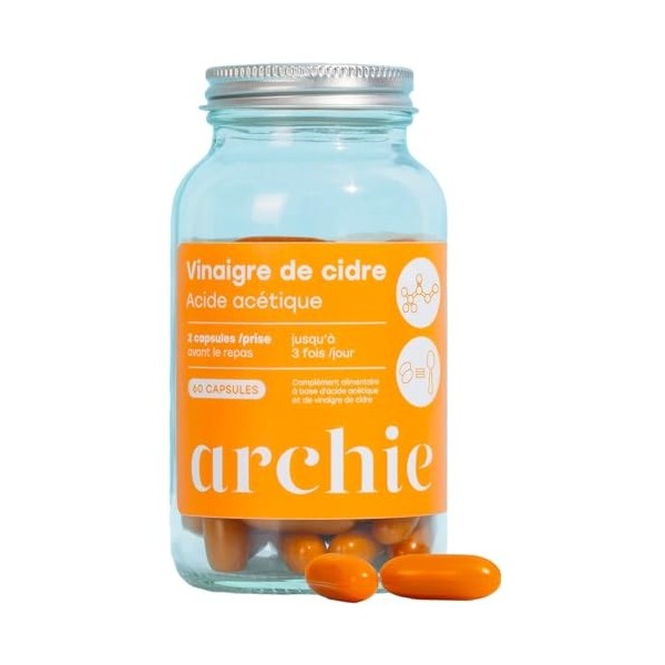 Archie, Capsules Vinaigre de Cidre Biologique - Naturel, sans gluten, sans lactose. Cure de 1 mois. 60 capsules. Made in Fran