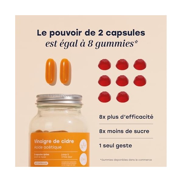 Archie, Capsules Vinaigre de Cidre Biologique - Naturel, sans gluten, sans lactose. Cure de 1 mois. 60 capsules. Made in Fran