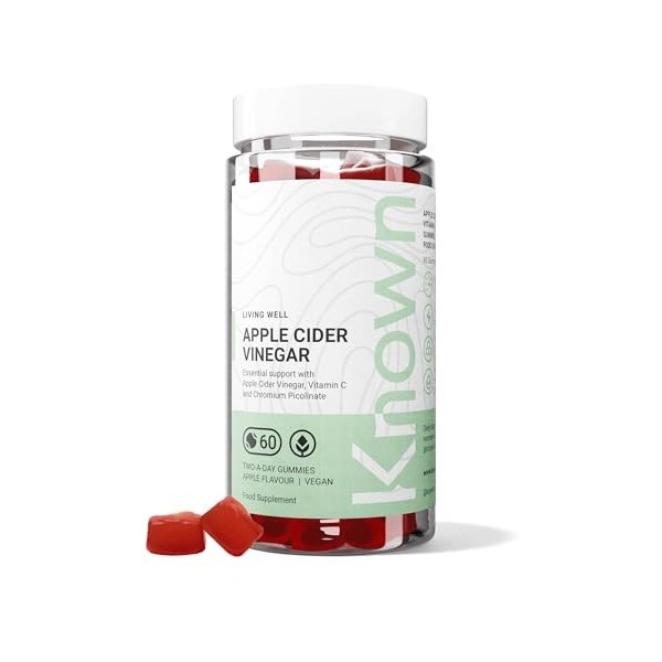 Gummies Délicieux au Vinaigre de Cidre Known – 1000mg Vinaigre, Vitamine C, Chrome pour le Métabolisme – Saveur Pomme – 60 Gu