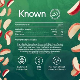 Gummies Délicieux au Vinaigre de Cidre Known – 1000mg Vinaigre, Vitamine C, Chrome pour le Métabolisme – Saveur Pomme – 60 Gu