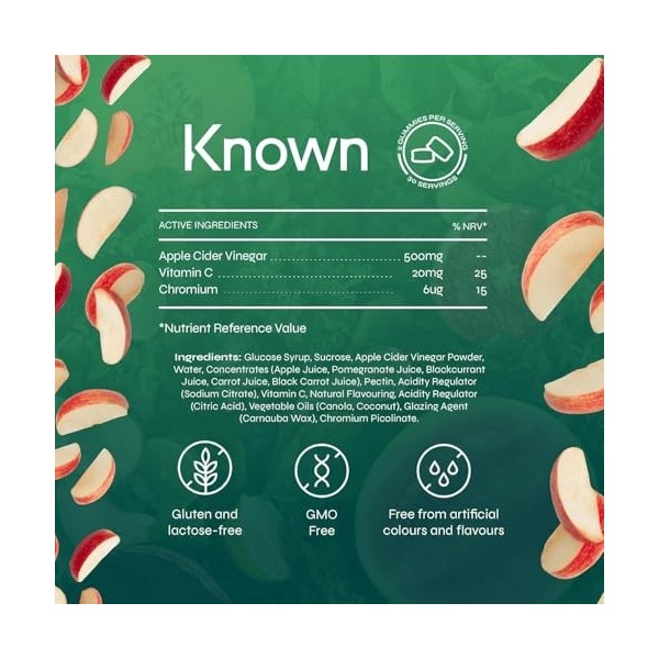 Gummies Délicieux au Vinaigre de Cidre Known – 1000mg Vinaigre, Vitamine C, Chrome pour le Métabolisme – Saveur Pomme – 60 Gu