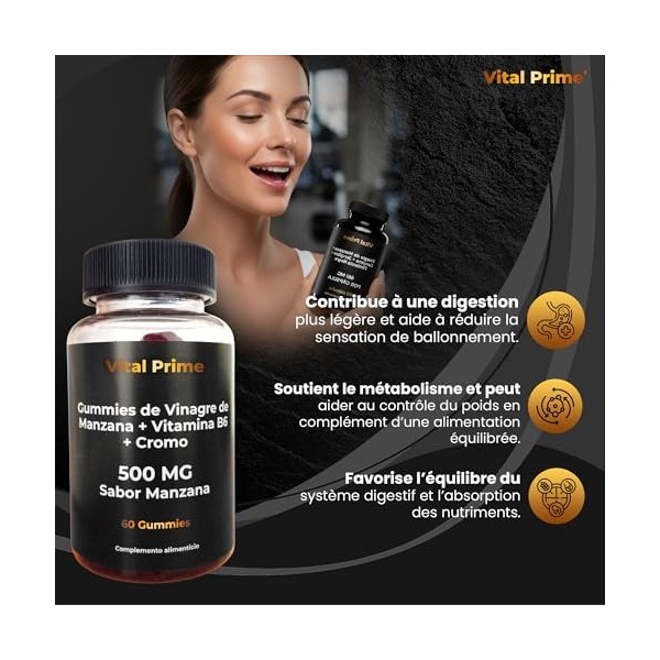 VITAL PRIME Gummies au Vinaigre de Cidre 500MG avec Vitamine B6 + Chrome 60 Gummies | Gommes au Vinaigre de Cidre Goût Pomme