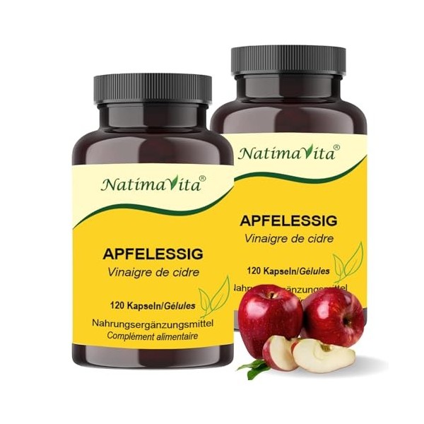 Vinaigre de cidre de pomme en gélules - 1000 mg par jour - 2 x 120 capsules vegan - Soutient le métabolisme et l’élimination
