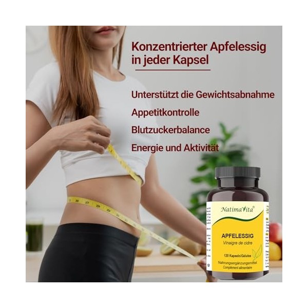 Vinaigre de cidre de pomme en gélules - 1000 mg par jour - 2 x 120 capsules vegan - Soutient le métabolisme et l’élimination