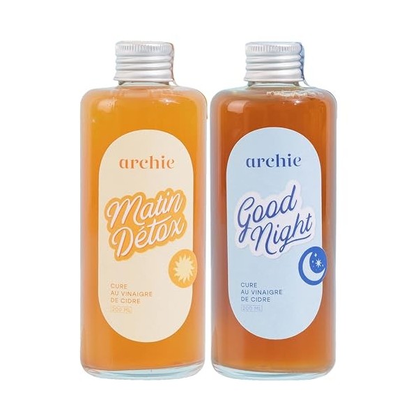 Archie, Pack Cures Matin et Nuit, Vinaigre de cidre - Détox, Sommeil, Glycémie, Digestion, Ballonnements, Stress. Made in Fra