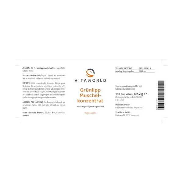 Concentré de moules aux lèvres vertes – 1000 mg de poudre par jour 150 gélules – issu de moule aux lèvres vertes de Nouvell