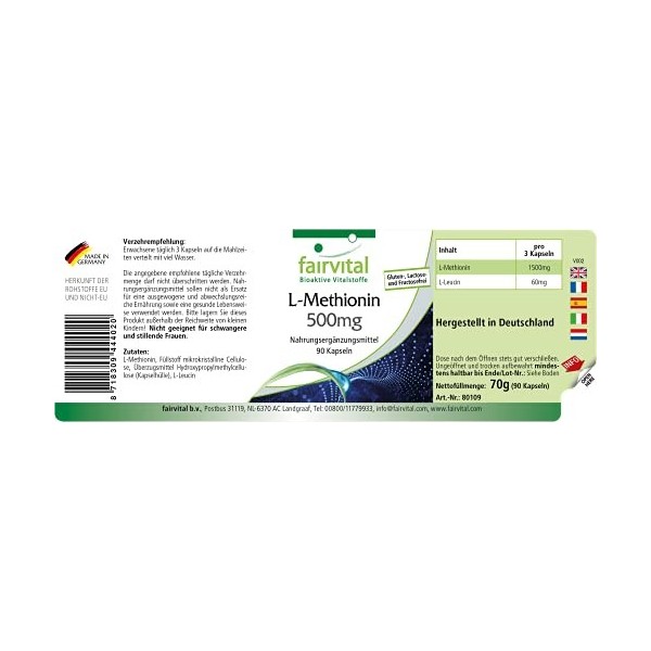 Fairvital | L-Méthionine 500mg - HAUTEMENT DOSÉ - VEGAN - 90 Gélules - Acide Aminé