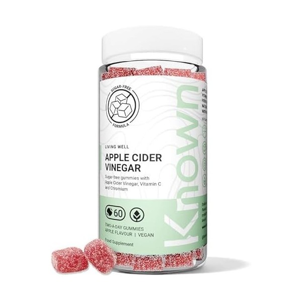 Gummies Sans Sucre au Vinaigre de Cidre Known – 1000mg ACV, Vitamine C, Chrome pour le Métabolisme – Saveur Pomme – 60 Gummie