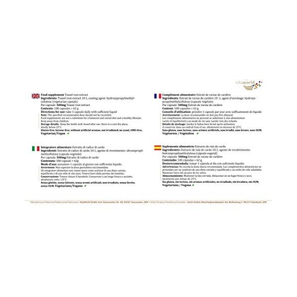 Vita World Pack de 3 Racine de cardère extrait 500mg 3 x 100 Capsules Made in Germany