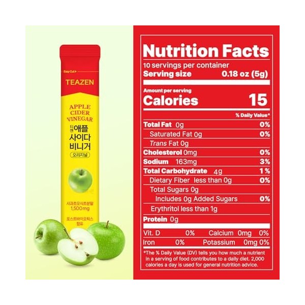 TEAZEN - Vinaigre de Cidre de Pomme Sans Sucre – Boisson instantanée au thé vert – 10 sachets – Sans sucre, végétalien, faibl