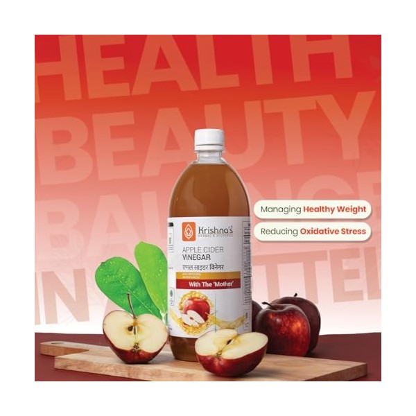 Krishnas Apple Cider Vinegar 1000 ml | Raw, Unfiltered, Unpasteurized | with the Mother