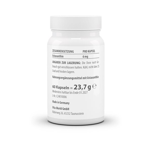 Vitaworld Astaxanthine 6mg production 60 Veg Capsules Pharmaceutical 100% naturel, sans additifs de Haematococcus pluvialis