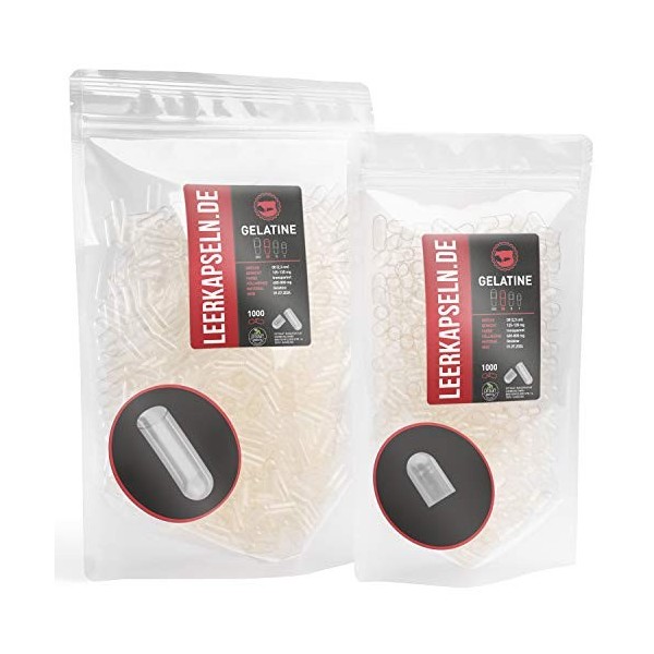 Lot de 1000 demi-capsules séparées - Taille 00 - Capsules de gélatine de bœuf - Capacité de remplissage - Transparentes