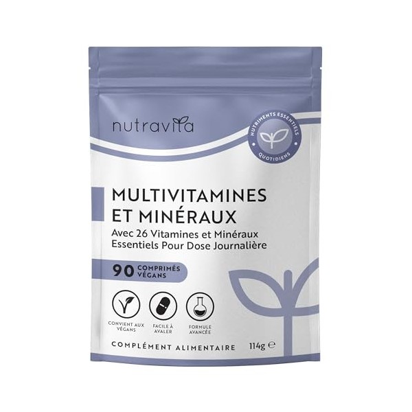Nutravita Multivitamines et Minéraux - 90 Comprimés 26 Nutriments dont Zinc Fer Selenium Vitamine C A B D3 E K - Vitamines, M...