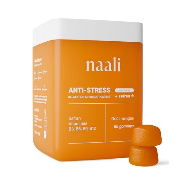 Naali Gummies Anti Stress Safran Vitamines B3 B6 B9 B12 – 60 Gommes - Fatigue, Soutien de l’Humeur, Énergie Mentale – Sans Su...