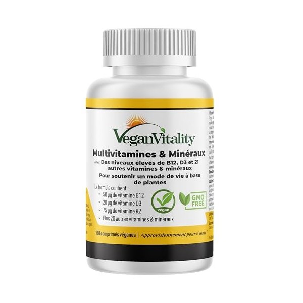 Multivitamines et minéraux vegan – Source renforcée de vitamine C, vitamine k2, B12 et fer - 180 pilules vegan multivitamines...